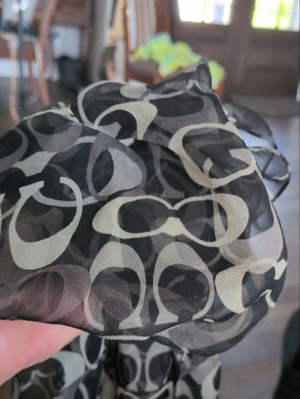 COACH Vintage Sheer Silk Chiffon Signature C Oblong Scarf Wrap Black Grey 54 HTF